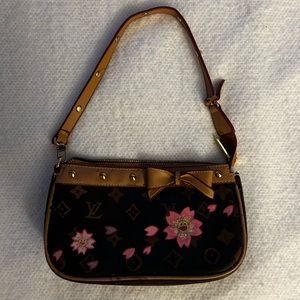 Pink Flower Brown Monogram Leather Shoulder Bag with Leather Bow and Studs